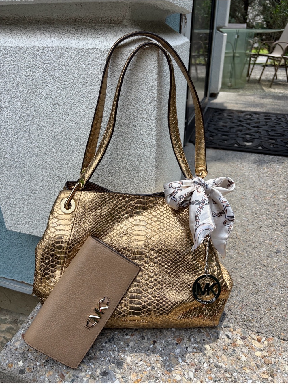 Michael Kors Gold Metallic Tote with MK Beige Wallet Set